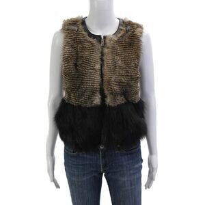 Cut 25 Womens Rabbit Fur Sleeveless Zip Vest Black Round Neck Fall Size S
